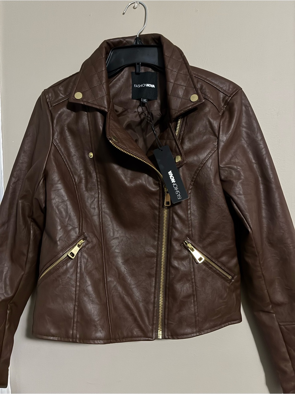 Fashion Nova Brown Faux Leather Moto Jacket with Gold Hardware